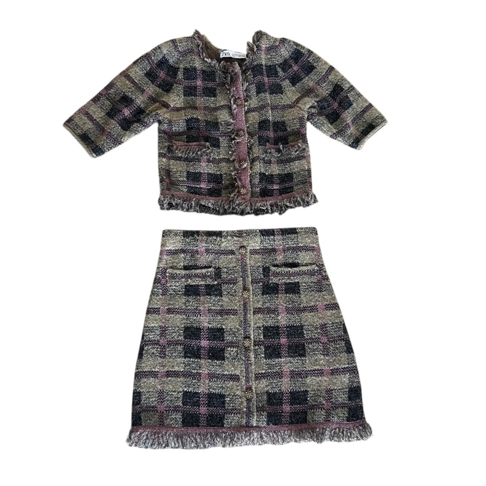 Zara plaid tweed two piece set jacket skirt